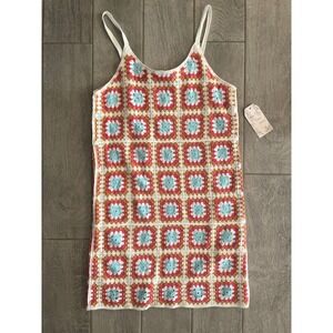 NEW Willow & Wind Crochet Granny Square Mini Dress Ivory Multi Large